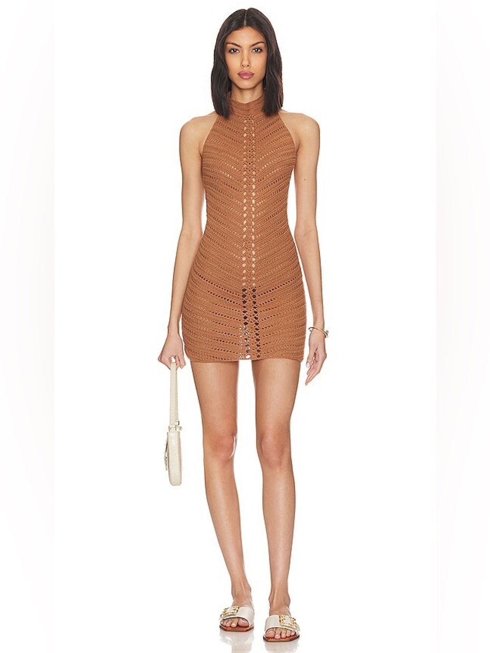 Camila Coelho Lyssa Revolve Hand Crochet Halter Mini Dress in Brown Size S